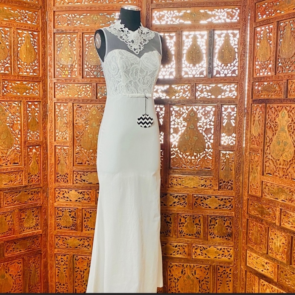Beach Wedding Dress with High Illusion Neckline
